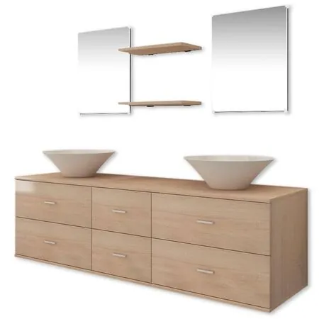  Set mobilier baie 9 piese cu chiuvete și robinete incluse, Bej