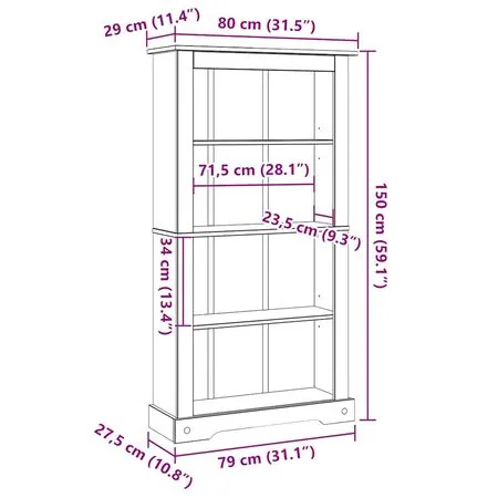  Bibliotecă 4 rafturi pin, stil mexican Corona 80x29x150 cm
