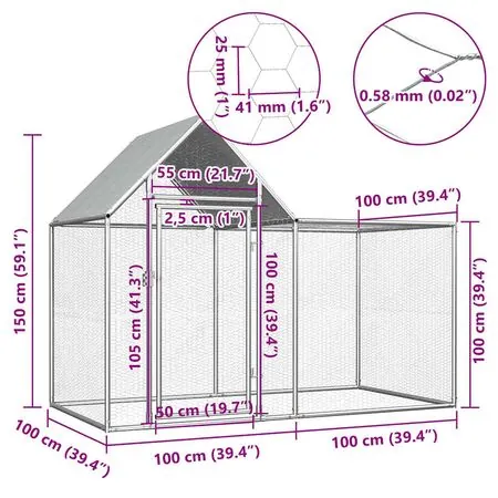  Coteț pentru păsări, 2 x 1 x 1,5 m, oțel galvanizat