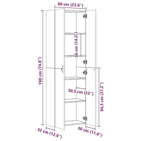  Dulap de birou, gri beton, 60x32x190 cm, lemn prelucrat