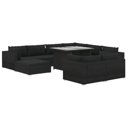  Set mobilier de grădină cu perne, 10 piese, negru, poliratan