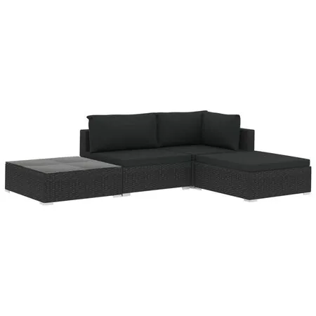  Set mobilier de grădină cu perne, 4 piese, negru, poliratan