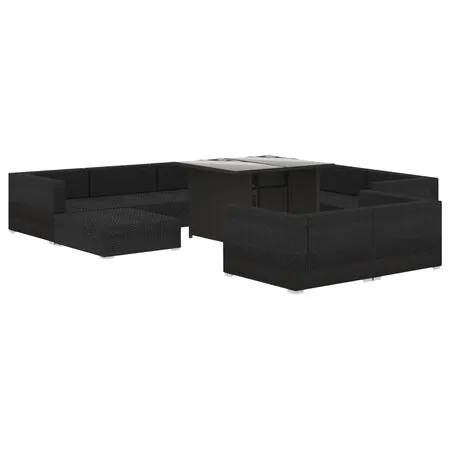  Set mobilier de grădină cu perne, 10 piese, negru, poliratan