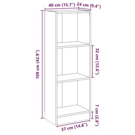  Bibliotecă cu 3 rafturi, alb, 40x24x109 cm, lemn compozit
