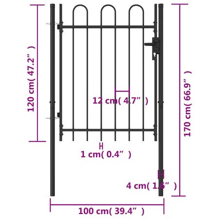  Poartă de gard cu o ușă, vârf arcuit, negru, 1 x 1,2 m, oțel