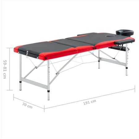   Masă pliabilă de masaj, 3 zone, negru și roșu, aluminiu