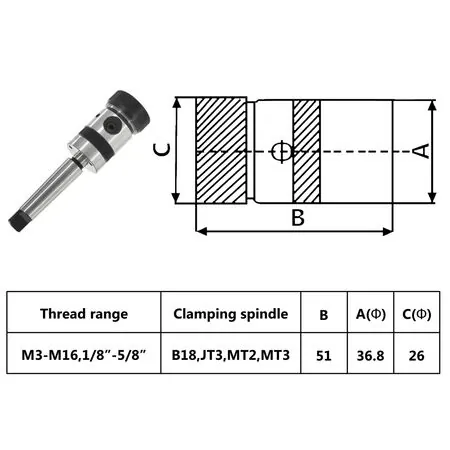  Mandrină filetare cu tarod B18, coadă MT3, filet intern M3-M16
