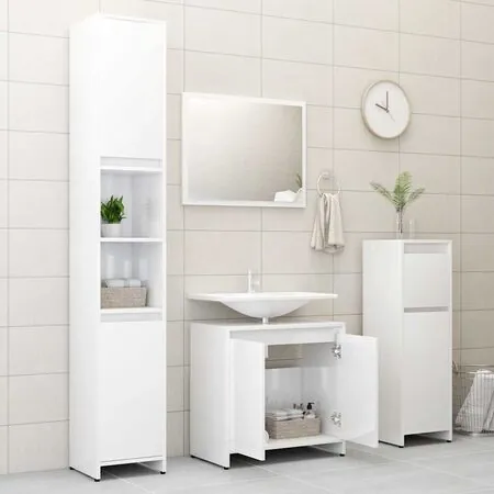  Set mobilier de baie, alb extralucios, lemn prelucrat