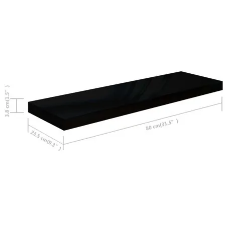 Raft de perete suspendat negru extralucios, 80x23,5x3,8 cm, MDF