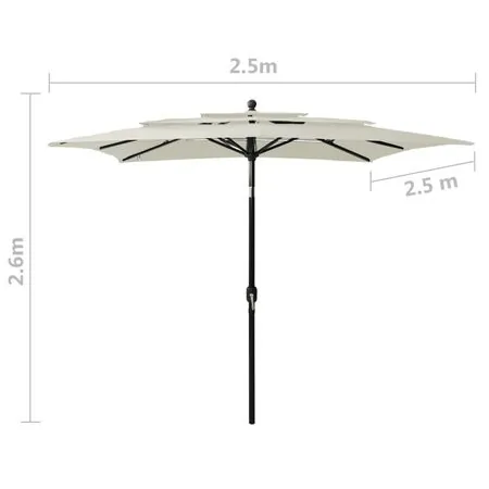  Umbrelă de soare 3 niveluri, stâlp aluminiu, nisipiu, 2,5x2,5 m