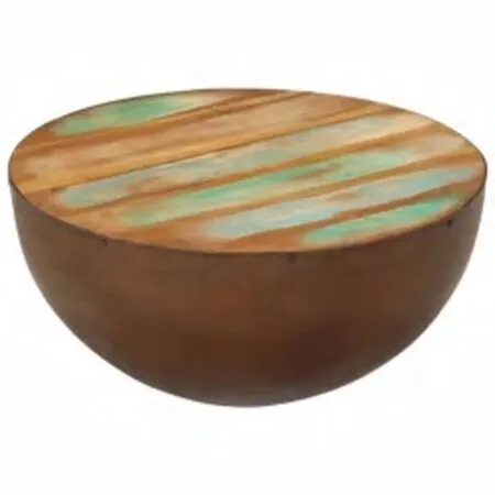  Măsuță cafea, formă de bol, bază din oțel, lemn masiv reciclat 