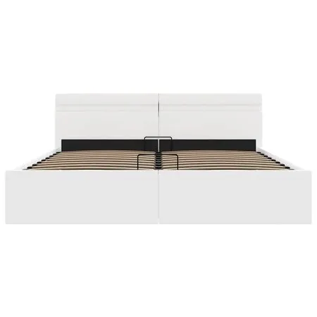 Cadru pat hidraulic cu ladă LED alb 160x200 cm, piele ecologică 
