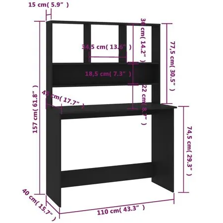  Birou cu rafturi, negru, 110x45x157 cm, PAL