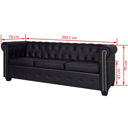  Canapea Chesterfield cu 3 locuri, piele artificială, negru  