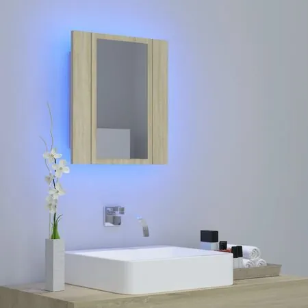 Dulap de baie cu oglindă și LED, stejar Sonoma, 40x12x45 acril