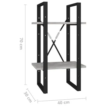  Bibliotecă cu 2 rafturi, gri beton, 40x30x70 cm, PAL