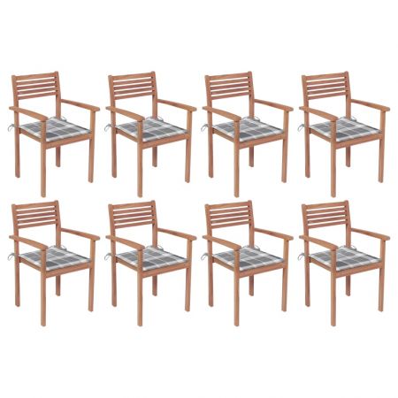 Set 8 bucati scaune de gradina stivuibile cu perne, gri cu model