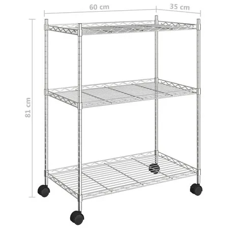  Raft depozitare cu roți, 3 niveluri, 60x35x81 cm, crom, 150 kg
