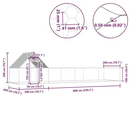  Coteț pentru păsări, 8 x 2 x 2 m, oțel galvanizat
