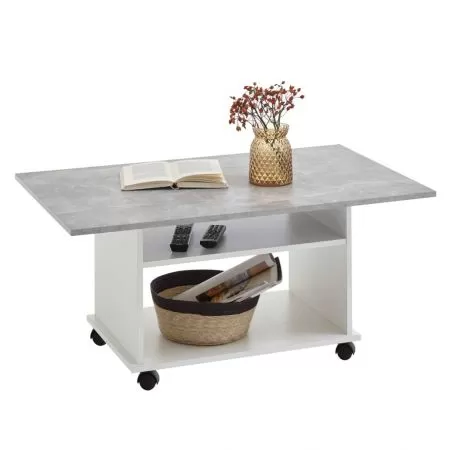 Masuta de cafea cu rotile, gri beton si alb, 60 x 45 cm
