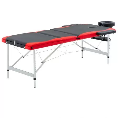   Masă pliabilă de masaj, 3 zone, negru și roșu, aluminiu