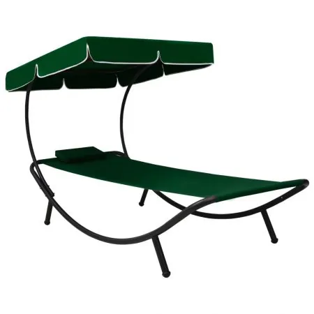  Pat șezlong de exterior cu baldachin și pernă, verde