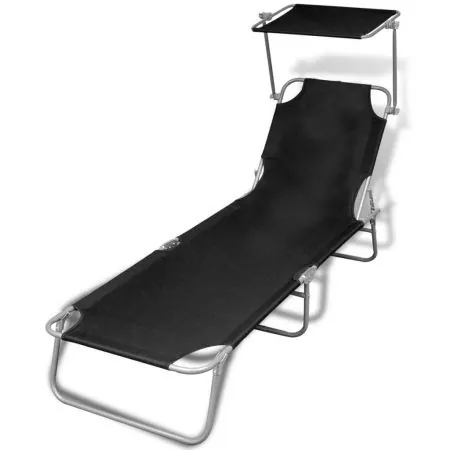  Șezlong de plajă pliabil cu baldachin negru metal & țesătură