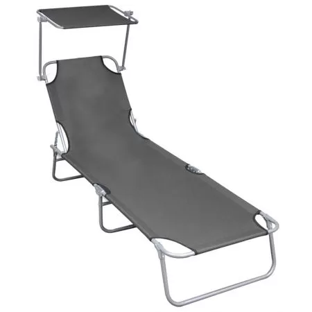  Șezlong pliabil cu copertină, gri, aluminiu