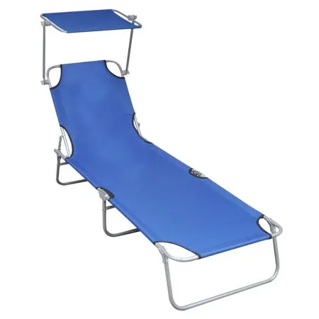  Șezlong pliabil cu copertină, albastru, aluminiu