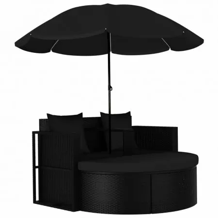  Pat de grădină cu umbrelă de soare, negru, poliratan
