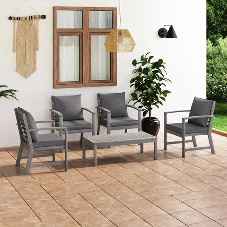  Set mobilier grădină cu pernă, 5 piese, gri, lemn masiv acacia