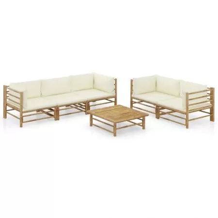  Set mobilier de grădină cu perne alb crem, 6 piese, bambus