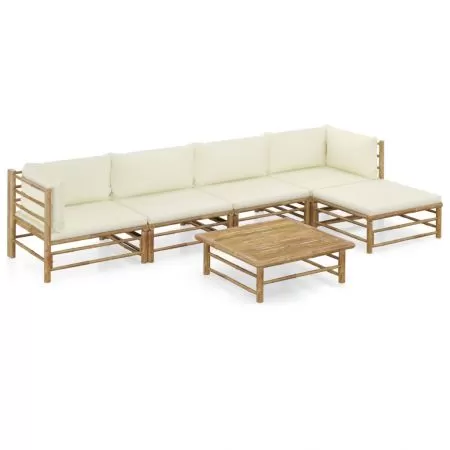  Set mobilier de grădină cu perne alb crem, 6 piese, bambus