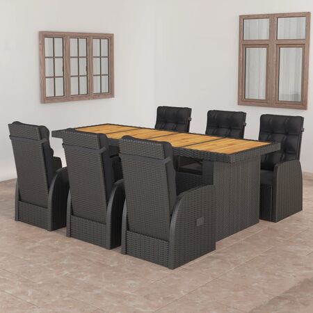  Set mobilier de exterior cu perne, 7 piese, negru, poliratan