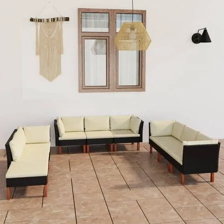  Set mobilier de grădină cu perne, 9 piese, negru, poliratan