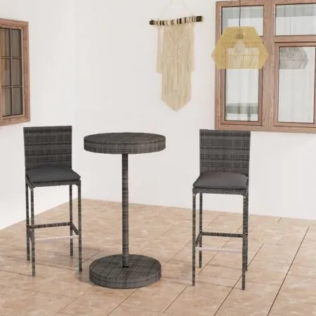  Set mobilier bar de grădină, cu perne, 3 piese, gri, poliratan