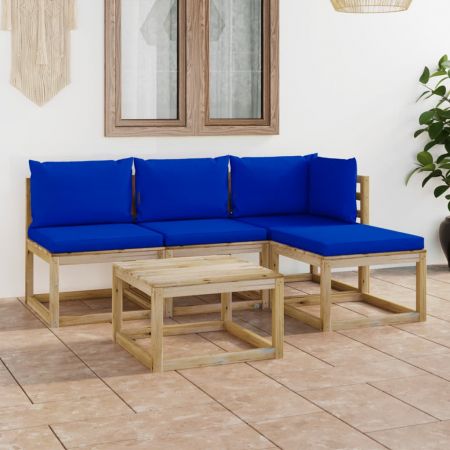 Set mobilier de gradina cu perne albastre, 5 piese, maro