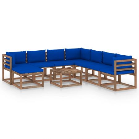 Set mobilier de gradina cu perne albastre, 9 piese, maro