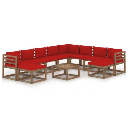 Set mobilier de gradina cu perne rosii, 11 piese, maro