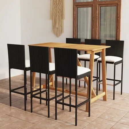  Set mobilier bar de grădină cu perne, 7 piese, negru