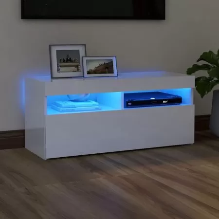  Comodă TV cu lumini LED, alb extralucios, 90x35x40 cm