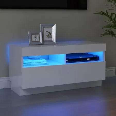  Comodă TV cu lumini LED, alb extralucios, 80x35x40 cm