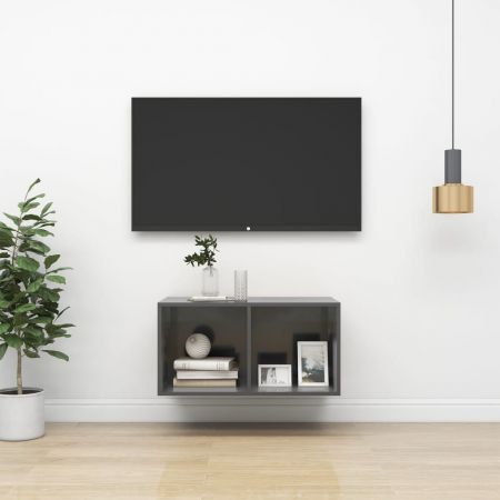 Dulap TV montat pe perete, gri lucios, 37 x 37 x 72 cm