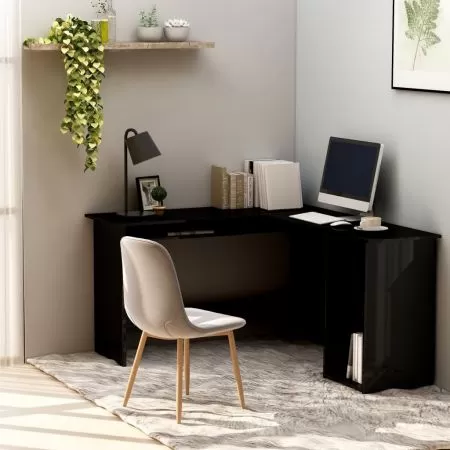 Birou de colț în formă de L negru extralucios 120x140x75 cm PAL