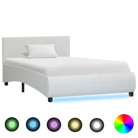 Cadru de pat cu LED-uri, alb, 100 x 200 cm, piele ecologică 
