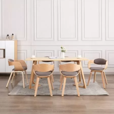  Scaune de bucătărie, 6 buc., gri taupe, lemn curbat și textil