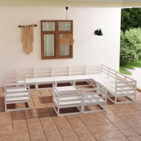 Set mobilier de grădină, 13 piese, alb, lemn masiv de pin