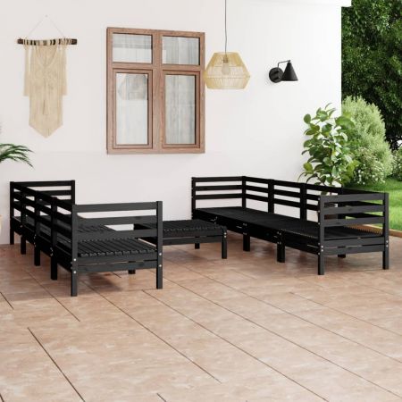 Set mobilier de grădină, 9 piese, negru, lemn masiv de pin