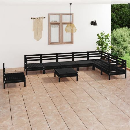 Set mobilier de grădină, 9 piese, negru, lemn masiv de pin