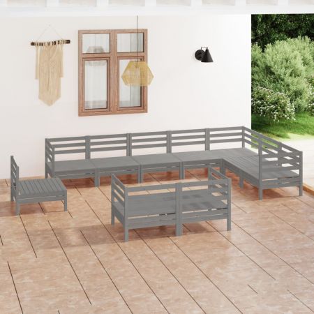 Set mobilier de grădină, 10 piese, gri, lemn masiv de pin
